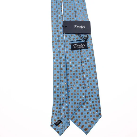 Drake's NWT Neck Tie in Light Blue with Orange/White Geometric Pattern 100% Silk